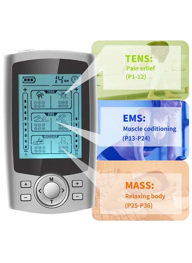 Electric Shock Therapy Pulse Massager, Pain Relief Muscle Stimulator, Dual Channel 36 Modes Digital Electric Shock Therapy Equipment (Silver)