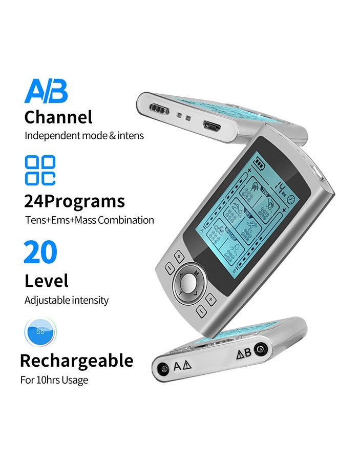 Electric Shock Therapy Pulse Massager, Pain Relief Muscle Stimulator, Dual Channel 36 Modes Digital Electric Shock Therapy Equipment (Silver)