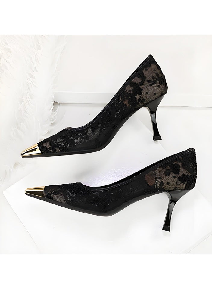 بيج تري المرأة الدانتيل مضخات مغلقة مربع إصبع القدم الكعب العالي الحزب فستان الأحذية الأسود 7CM - Image 3