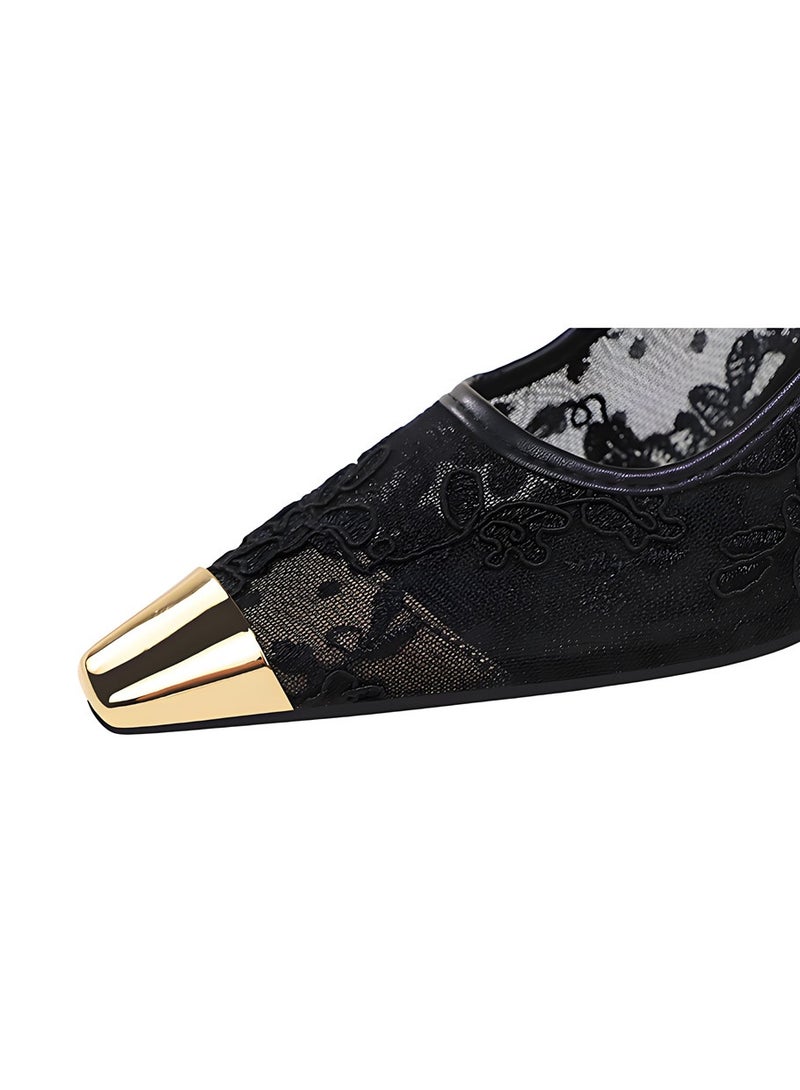 بيج تري المرأة الدانتيل مضخات مغلقة مربع إصبع القدم الكعب العالي الحزب فستان الأحذية الأسود 7CM - Image 4