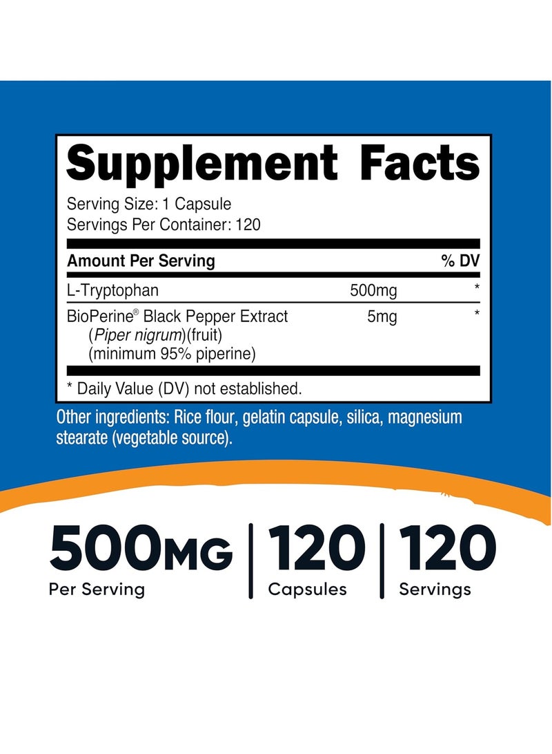 Nutricost L-Tryptophan Capsules 500mg 120 Caps - Image 2