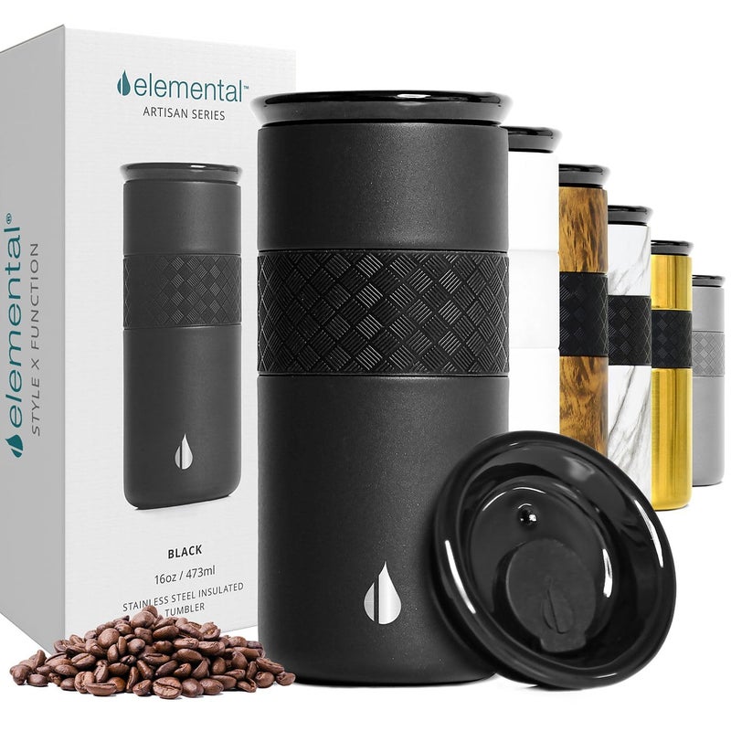 Elemental Artisan Insulated Tumbler, Triple Wall Coffee Travel Mug, Reusable Stainless Steel Coffee Tumbler with Ceramic Lid, Thermal Coffee Cups for Hot (6 Hrs) & Cold (18 Hrs), 16oz - Black - Image 1
