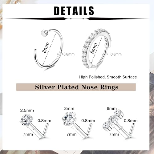 Besteel Nose Ring Studs 20G Nose Rings Hoops Stud 316L Stainless Steel Nose Rings Round CZ Heart Simulated Diamond L Shaped Nose Stud Hypoallergenic Nostril Piercing Jewelry for Women Men 10Pcs（steel color) - Image 3