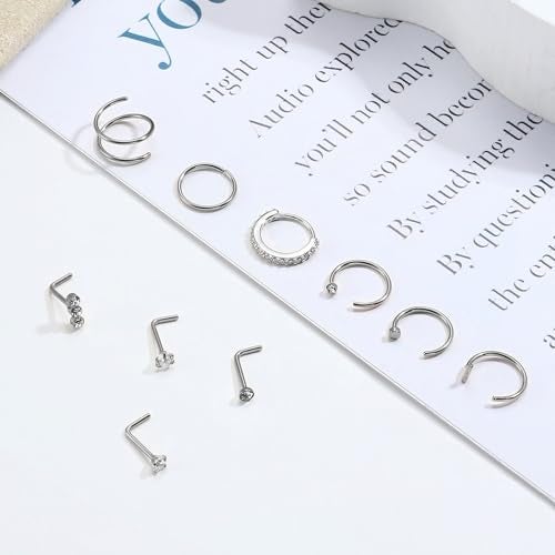 Besteel Nose Ring Studs 20G Nose Rings Hoops Stud 316L Stainless Steel Nose Rings Round CZ Heart Simulated Diamond L Shaped Nose Stud Hypoallergenic Nostril Piercing Jewelry for Women Men 10Pcs（steel color) - Image 5