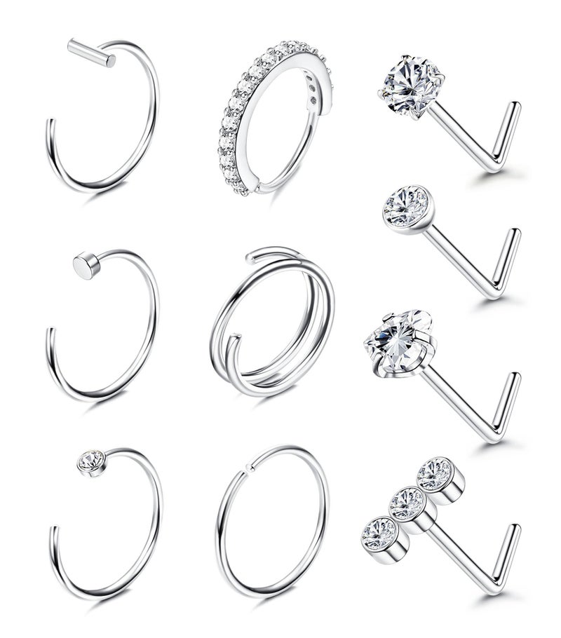 Besteel Nose Ring Studs 20G Nose Rings Hoops Stud 316L Stainless Steel Nose Rings Round CZ Heart Simulated Diamond L Shaped Nose Stud Hypoallergenic Nostril Piercing Jewelry for Women Men 10Pcs（steel color) - Image 1