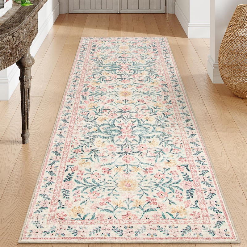 Morebes Boho Hallway Runner Rug 2X6 Floral Kitchen Runner Rugs Non Skid Washable Super Soft Indoor Throw Carpet For Girls Bedroom Bedside Bathroom Laundry Room  Pink/Multi - Image 1