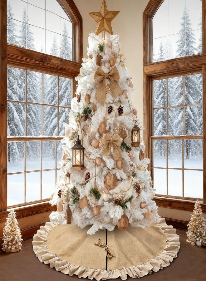 yuboo 48" Burlap Rustic Christmas Tree Skirt with Ruffle Border, Fall Farmhouse Tree Skirt Linen Boho Tree Ornaments for Christmas Thanksgiving Holiday Party Decorations - Image 1