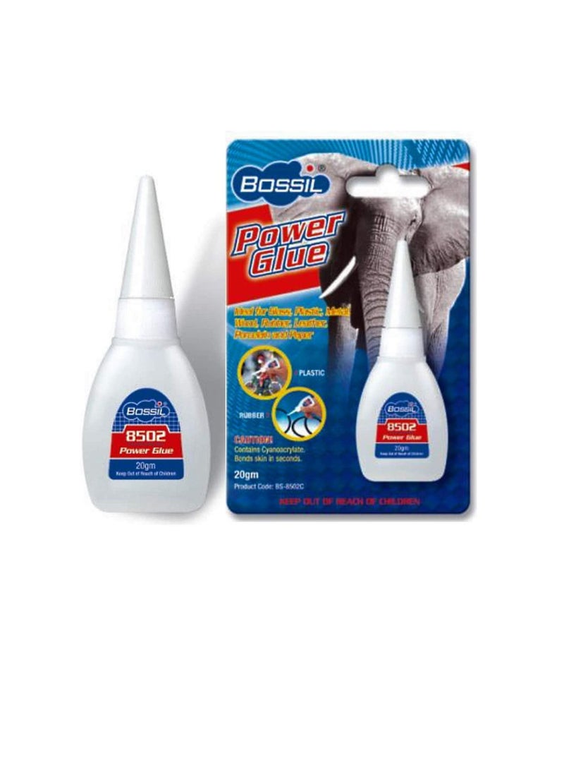 Bossil Power Glue 20g 8502C, Ultra Fast Setting Quick Bond, Ideal for Glass, Plastic, Metal, Wood, Rubber, Leather, Porcelain & Paper - Image 1