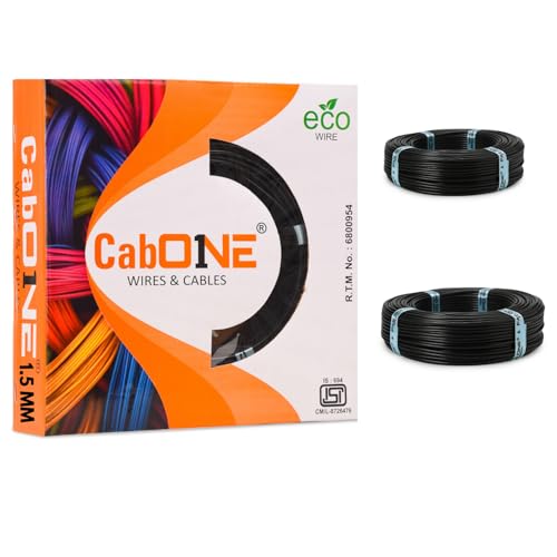 CabONE 1.5 SQ.MM FR PVC Insulated Copper Electrical Wire, 90 Meter (Black, Pack of 2) | ISI Marked Fire Retardant Single Core Cable for Home Wiring - Image 1