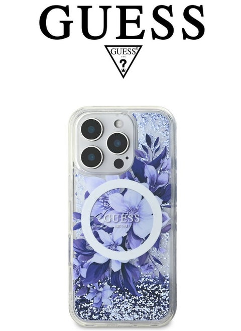 iPhone 16 Pro back Case, supports MagSafe wireless charging, transparent with original logo and approved design from the global brand Guess. From CG Mobile. Purple