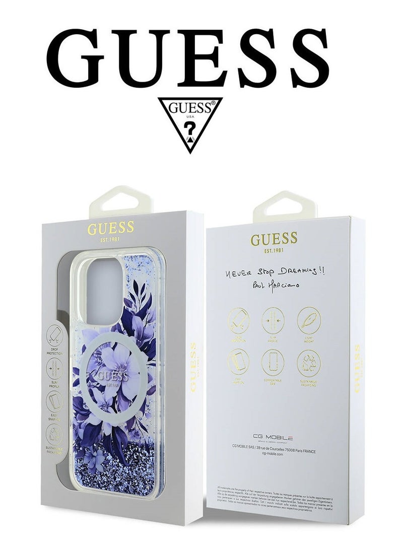 iPhone 16 Pro back Case, supports MagSafe wireless charging, transparent with original logo and approved design from the global brand Guess. From CG Mobile. Purple