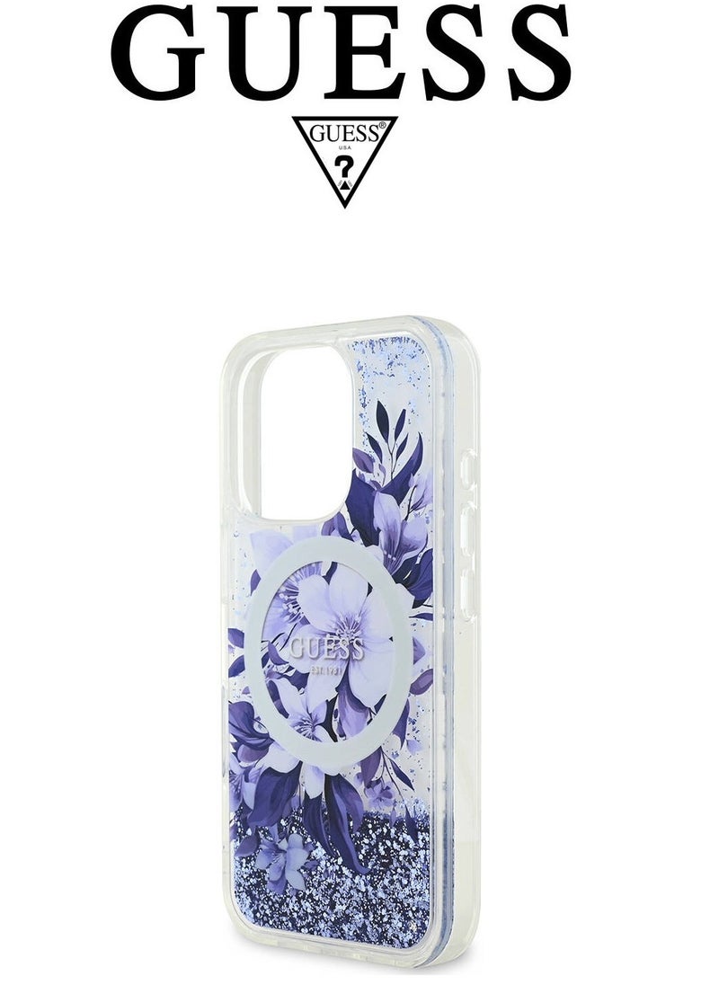 iPhone 16 Pro back Case, supports MagSafe wireless charging, transparent with original logo and approved design from the global brand Guess. From CG Mobile. Purple