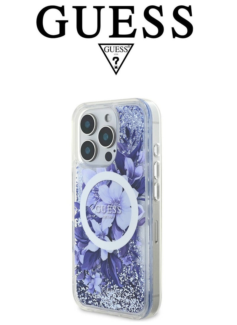 iPhone 16 Pro back Case, supports MagSafe wireless charging, transparent with original logo and approved design from the global brand Guess. From CG Mobile. Purple