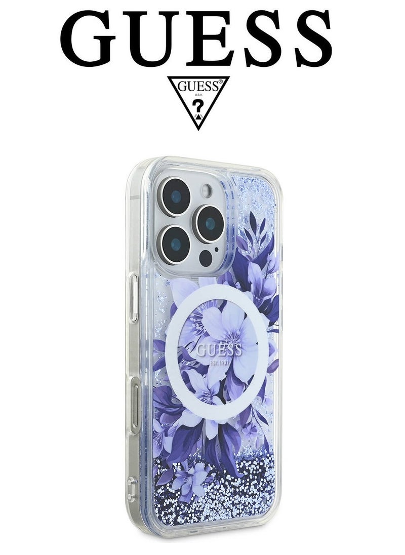 iPhone 16 Pro back Case, supports MagSafe wireless charging, transparent with original logo and approved design from the global brand Guess. From CG Mobile. Purple