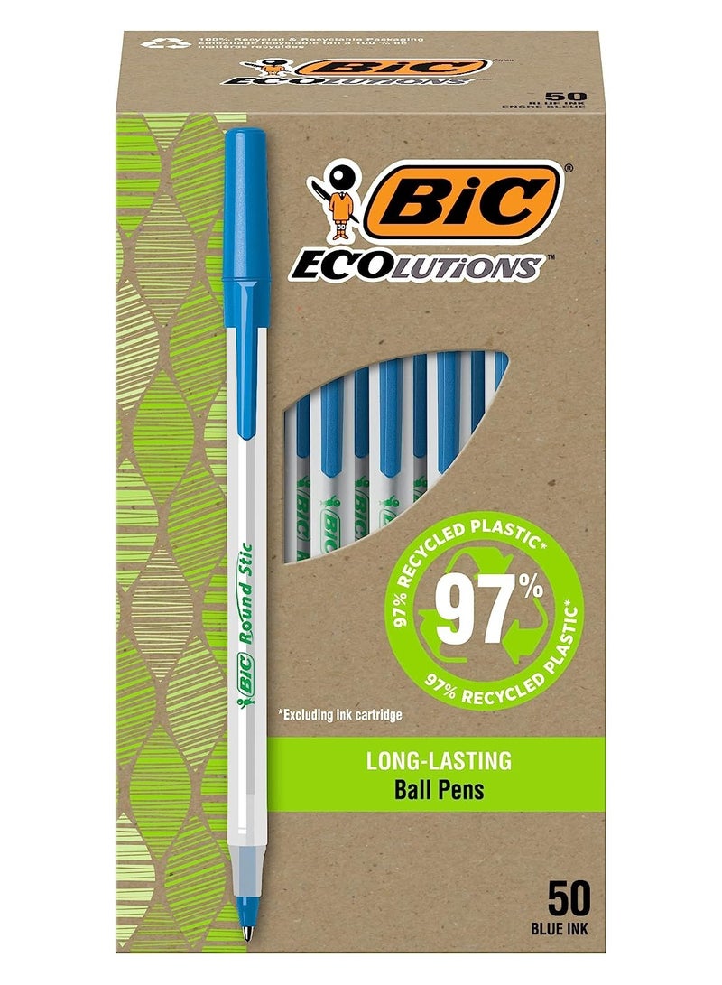BIC Ecolutions Round Stic Ballpoint Pen, Medium Point (1.0mm), Blue, 50-Count