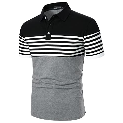 LUJENGEFA Mens Polo Shirts Short Sleeve Striped Casual Slim Fit Golf Polo Contrast Color Summer Cotton T-Shirts Grey and Black XX-Large - Image 2