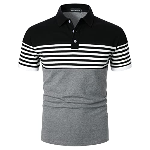 LUJENGEFA Mens Polo Shirts Short Sleeve Striped Casual Slim Fit Golf Polo Contrast Color Summer Cotton T-Shirts Grey and Black XX-Large - Image 1