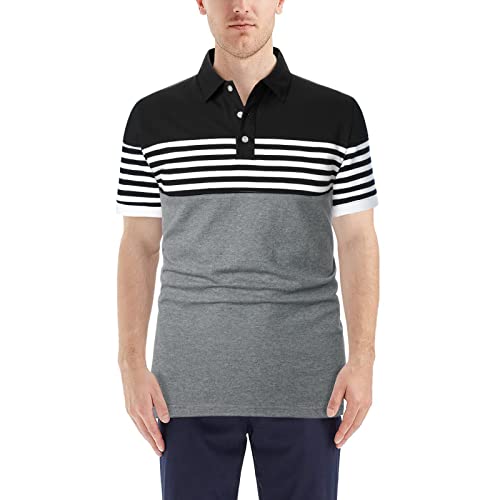 LUJENGEFA Mens Polo Shirts Short Sleeve Striped Casual Slim Fit Golf Polo Contrast Color Summer Cotton T-Shirts Grey and Black XX-Large - Image 3