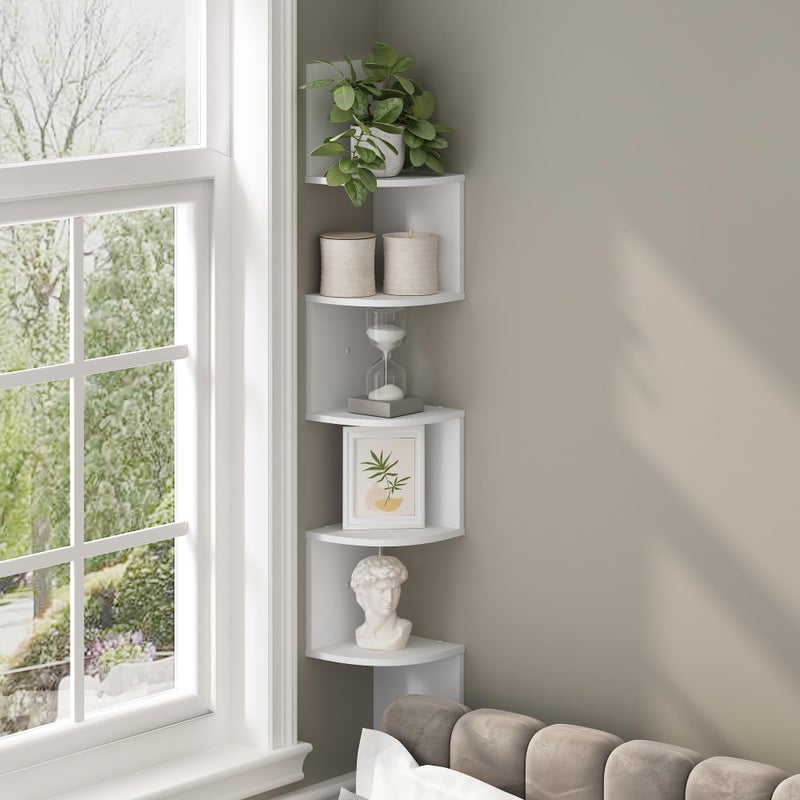 Furinno 5Tier Floating Corner Shelf Wall Mount Shelves for Storage and Display White