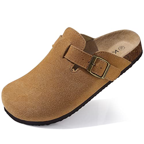 KIDMI Genuine Suede Clogs for Women Cork Footbed Sandals Leather Mules Potato Shoes with Arch Support Brown 37 (Size 6.5) - Image 1