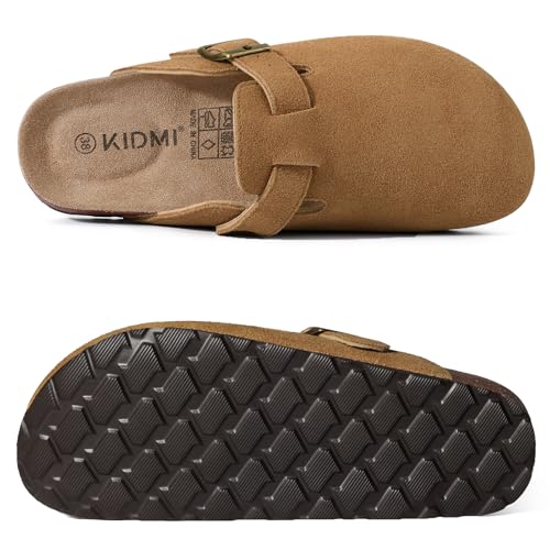 KIDMI Genuine Suede Clogs for Women Cork Footbed Sandals Leather Mules Potato Shoes with Arch Support Brown 37 (Size 6.5) - Image 3