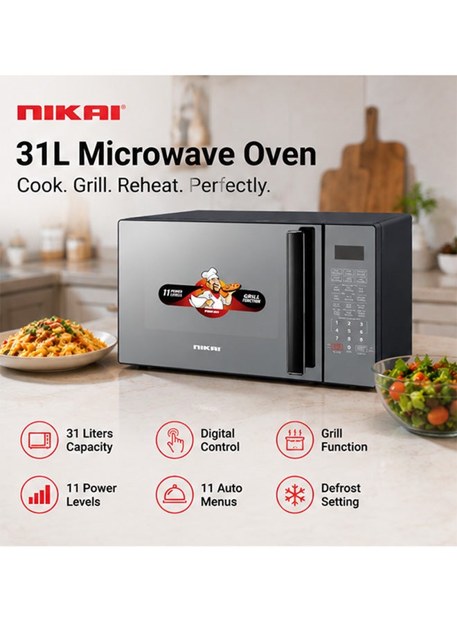 NIKAI 31L Digital Microwave Oven with Grill | 1100W, 11 Power Levels | 11 Auto Cook Menus | Digital Membrane Control | Defrost, Memory Function & Child Safety Lock | 99:99 Timer | NMO313MDG 31 L 1000 W NMO313MDG black - Image 2