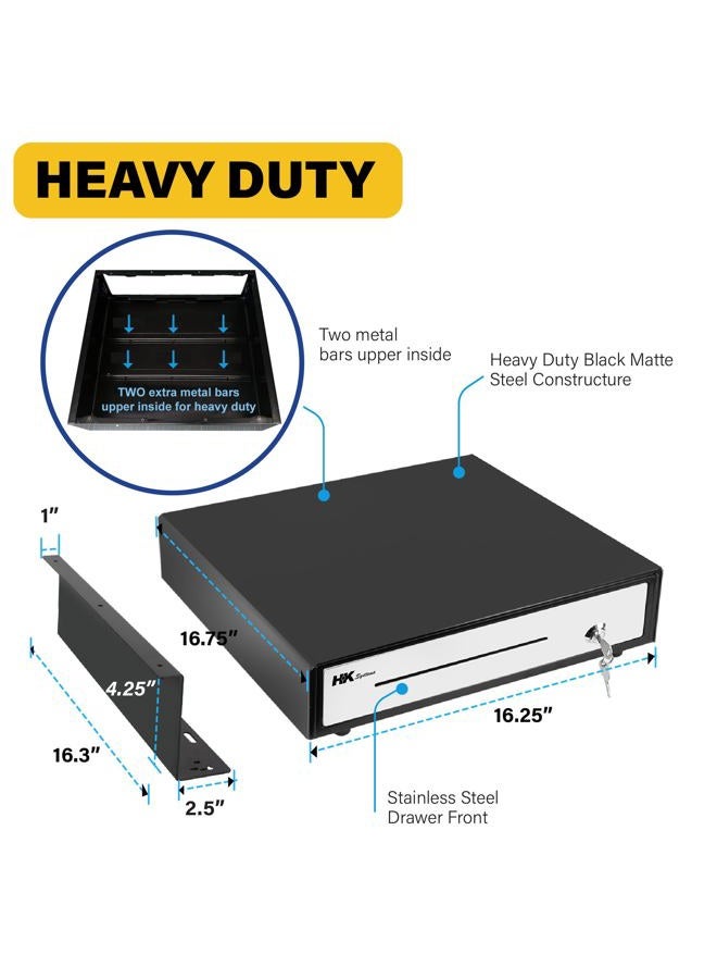 HK SYSTEMS 16" "Stainless Steel" Front Heavy Duty Black POS Cash Drawer with 5Bill/5Coin with Under Counter Mounting Metal Bracket - Image 3