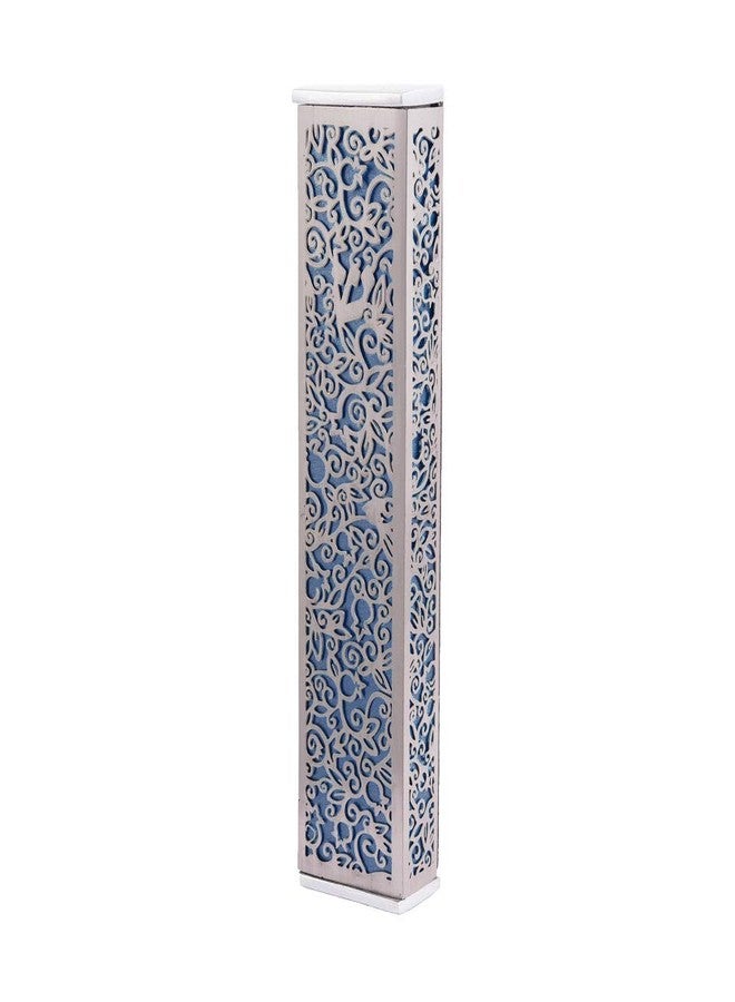 EMANUEL Yair Wide Mezuzah Case for Door | Lazer Cut Pomegranates Filigree Design (Blue MJ-2C) - Image 1