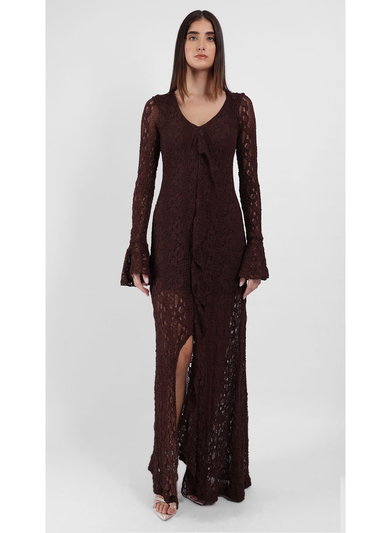 KYVELi Women's Lace Elegance Maxi Dress- Brown - Image 1