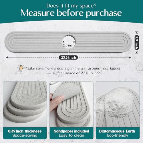 eormoe Kitchen Faucet Mat Diatomite Splash Guard for Sink QuickDrying Water Absorbing Stone Tray Light Grey 236 x 39 - Image 3
