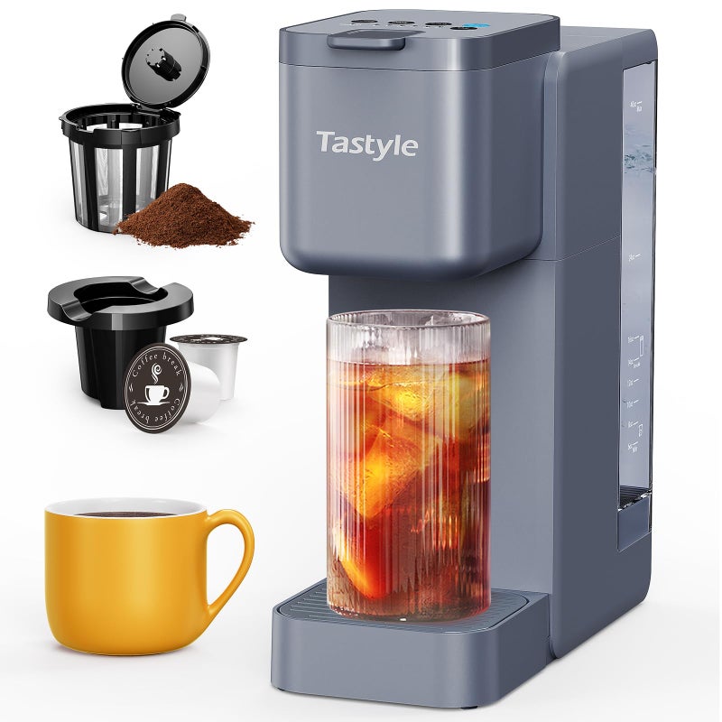 Tastyle Single Serve Hot Iced Coffee Maker with Strong Brew 40oz Removable Reservoir 6 Brew Sizes Compatible with K Cup and Grounds Compact for Home Office RV and Dorm Gray 20 Version