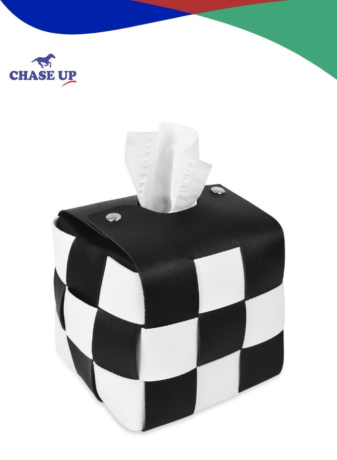 Chase Up Tissue Box Cover, Modern PU Leather Square Tissues Boxs Holder, Cube Tissues Boxs Covers, Stylish Checkerboard for Bathroom Vanity Countertop, Night Stands, Office Desk & Car, Black& White - Image 1