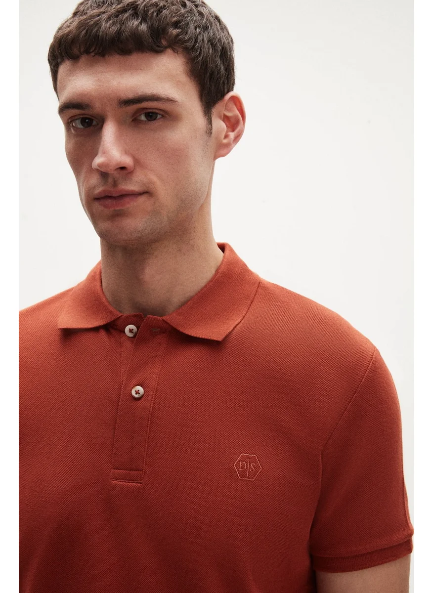 دي أس دامات Regular Fit Tile Pique Textured 100% Cotton Non-Curl Polo Collar Embroidered T-Shirt 4HC14ORT51000