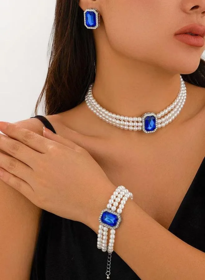 Take Two 3-Piece Square Rhinestone Drop Faux Pearl Layered Necklace, Bracelet and Earrings Jewelry Set