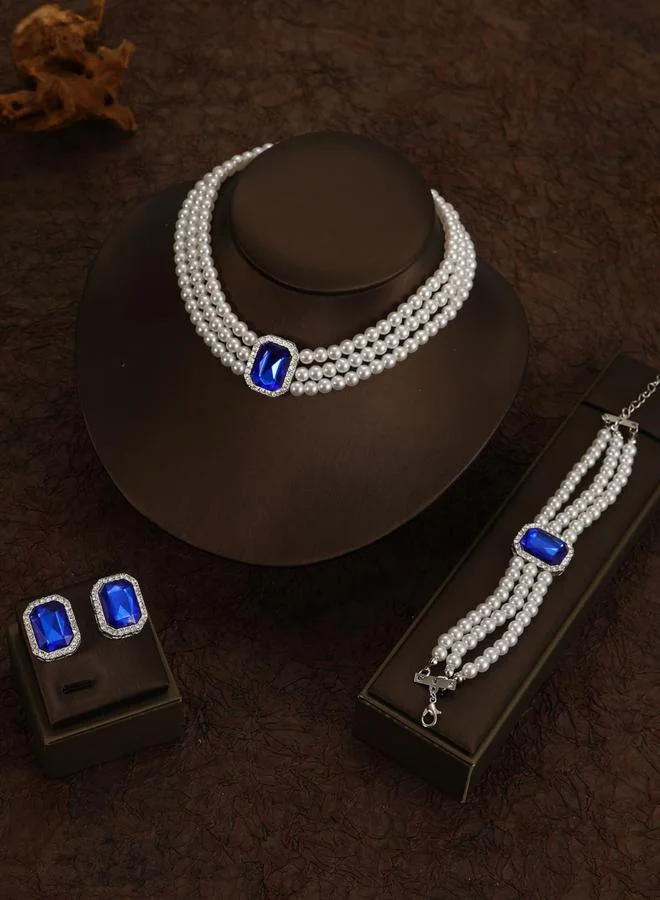 Take Two 3-Piece Square Rhinestone Drop Faux Pearl Layered Necklace, Bracelet and Earrings Jewelry Set