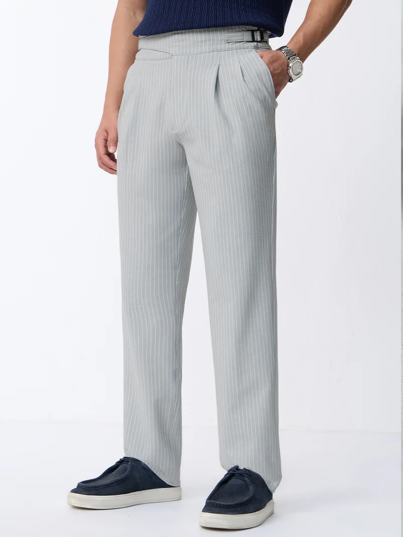 The Souled Store Gurkha Pants: Cloud White Stripes Men and Boys Light Grey Pinstripe Polyester Blend Straight Fit High Rise Double Pleated Adjustable Buckle Trousers