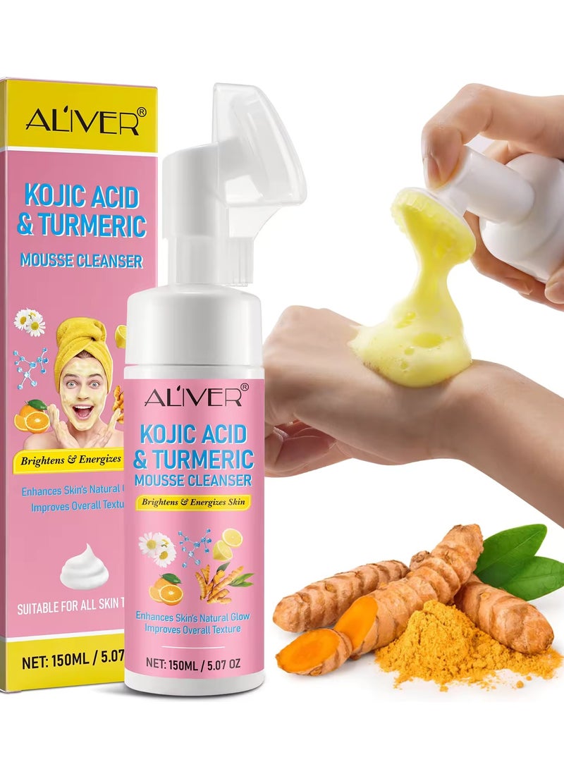 ALIVER 150 مل من موس التنظيف بحمض الكوجيك والكركم رغوة التنظيف بحمض الكوجيك والكركم تقلل من البقع الداكنة تساعد على توازن زيت البشرة والماء تتلاشى البقع تزيل الكيراتين الزائد تنظف الزيت تنقي المسام - Image 2