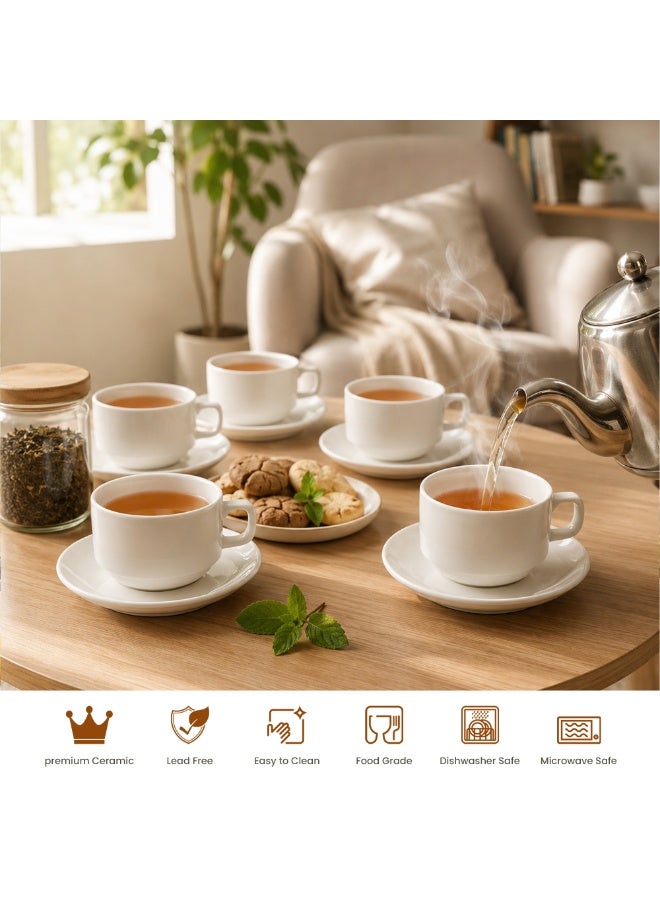 طقم أكواب وصحون سيراميك مكون من 12 قطعة، 6 أكواب قهوة وشاي مع 6 صحون متطابقة، سعة 220 مل، طقم سيراميك أبيض للإسبريسو والكابتشينو والشاي، مناسب للمنزل والمطبخ والمكتب وطاولة الطعام. - Image 4