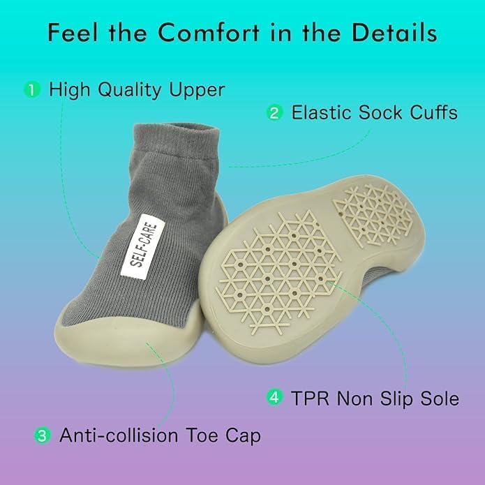 ZONEY Anti-Slip Baby Toddler First Walking Sock Shoes - Lightweight Slip-On with Soft Rubber Sole (Grey) - Image 4