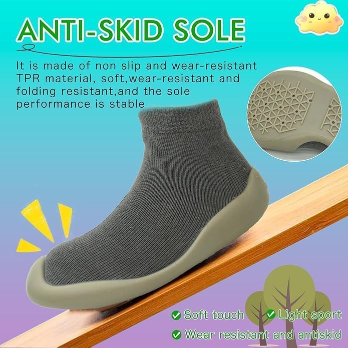 ZONEY Anti-Slip Baby Toddler First Walking Sock Shoes - Lightweight Slip-On with Soft Rubber Sole (Grey) - Image 3