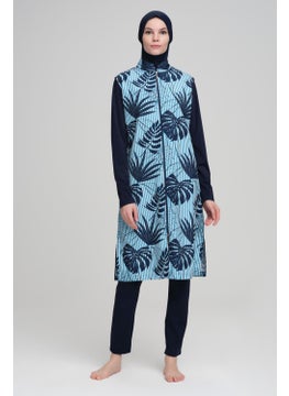 Nehar Blue Stripe Patterned Navy Blue Vest 3 Piece Hijab Swimsuit Set 2211  - Image 1