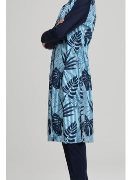 Nehar Blue Stripe Patterned Navy Blue Vest 3 Piece Hijab Swimsuit Set 2211  - Image 3