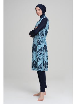 Nehar Blue Stripe Patterned Navy Blue Vest 3 Piece Hijab Swimsuit Set 2211  - Image 4