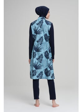 Nehar Blue Stripe Patterned Navy Blue Vest 3 Piece Hijab Swimsuit Set 2211  - Image 2