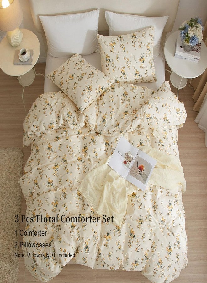 EAVD Vintage Style Garden Yellow Floral Comforter Set Queen White Soft Microfiber Chic Rose Floral Bedding Set with 2 Pillowcases Reversible Botanical Comforter Set for All-Season - Image 5