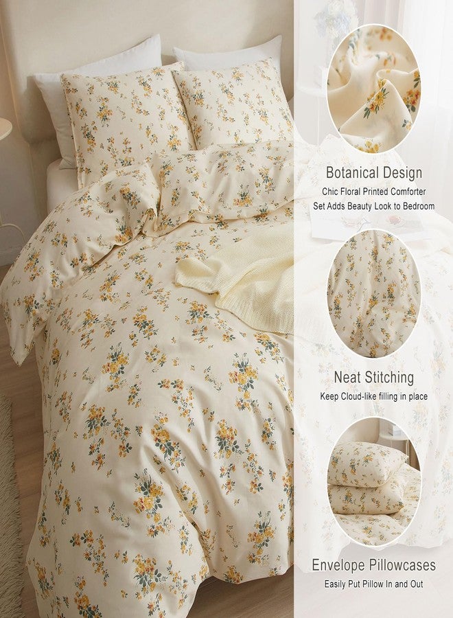EAVD Vintage Style Garden Yellow Floral Comforter Set Queen White Soft Microfiber Chic Rose Floral Bedding Set with 2 Pillowcases Reversible Botanical Comforter Set for All-Season - Image 4
