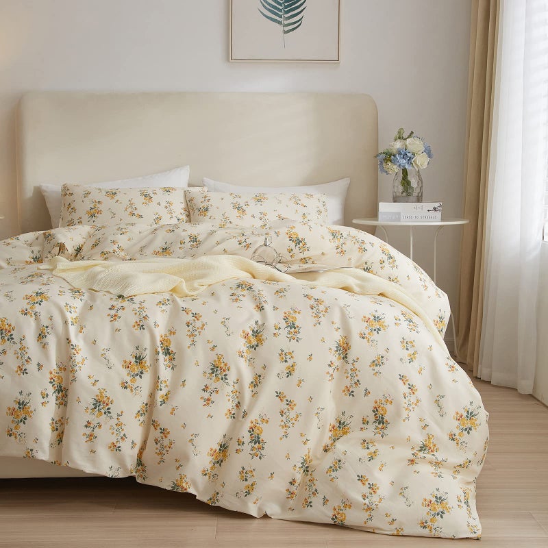EAVD Vintage Style Garden Yellow Floral Comforter Set Queen White Soft Microfiber Chic Rose Floral Bedding Set with 2 Pillowcases Reversible Botanical Comforter Set for All-Season - Image 1