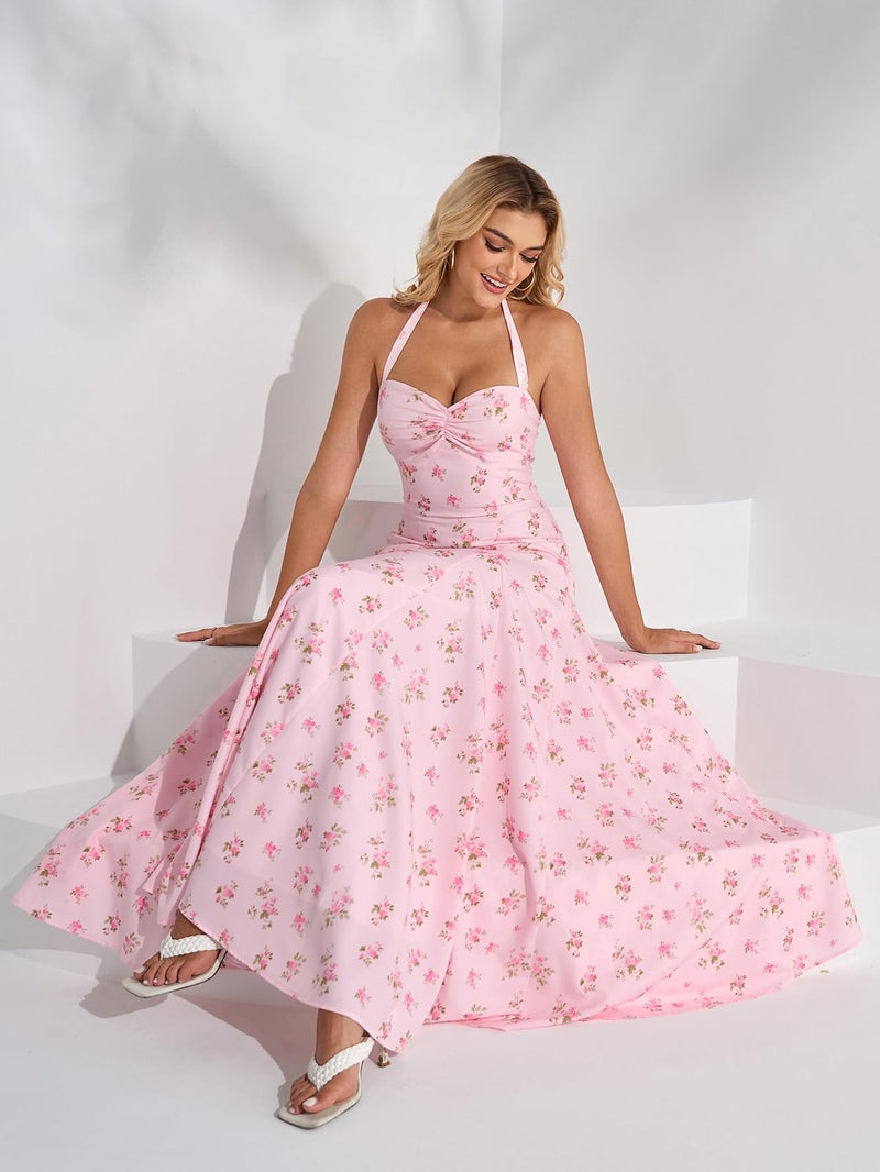 EYNMIN Floral Maxi Summer Wedding Guest Dress Halter Flowy A Line Smocked Tea Party Dresses Long Sundress for Women 2026 - Image 5