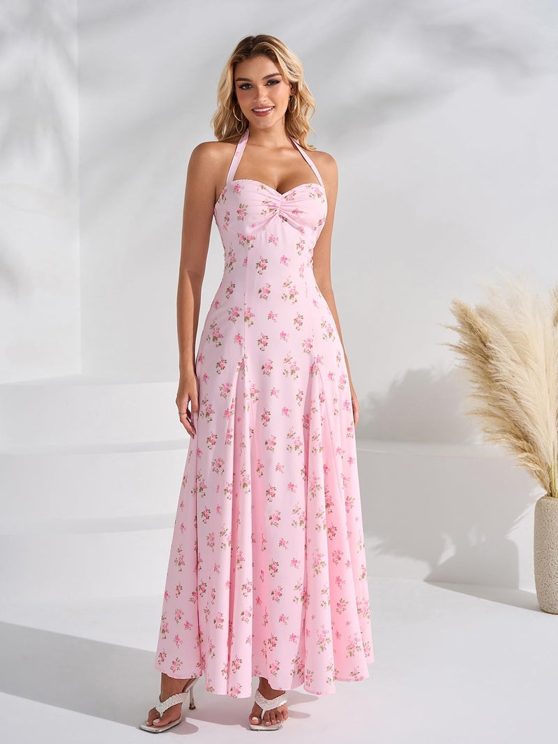 EYNMIN Floral Maxi Summer Wedding Guest Dress Halter Flowy A Line Smocked Tea Party Dresses Long Sundress for Women 2026 - Image 2