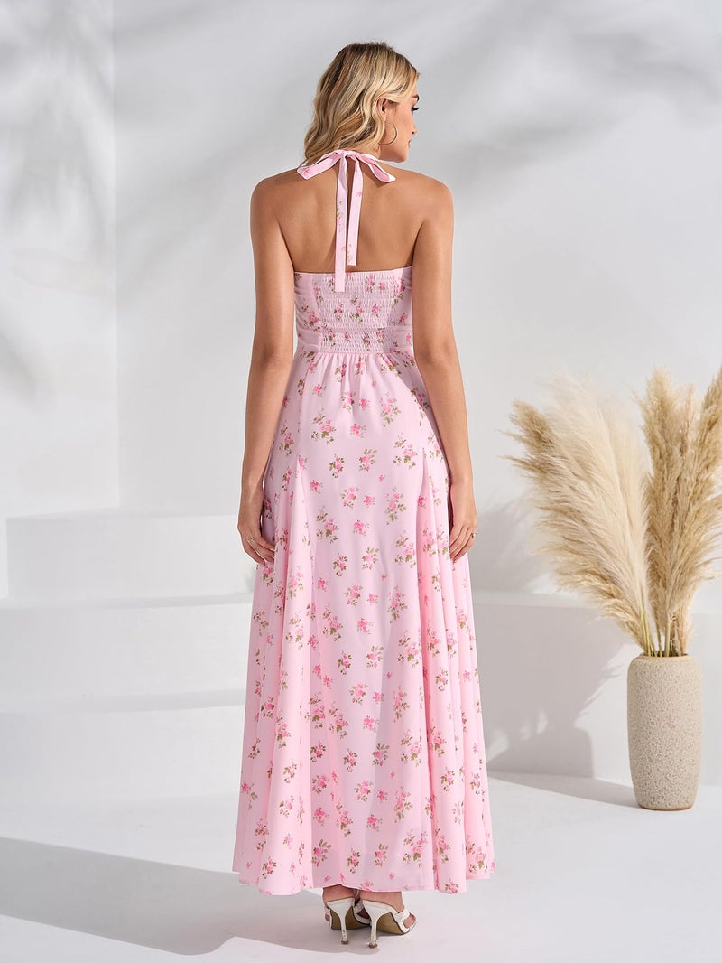 EYNMIN Floral Maxi Summer Wedding Guest Dress Halter Flowy A Line Smocked Tea Party Dresses Long Sundress for Women 2026 - Image 3